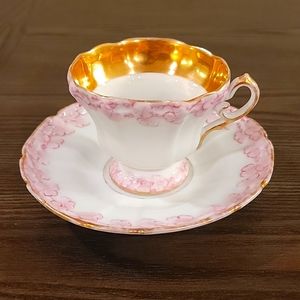Rare Antique German TPM Gold Gilded pink cherry blossom tea cup and saucer